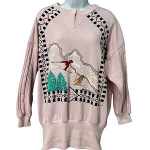 Vintage 80s Baby Pink Mixed Media Skiing Winter Sweatshirt Crew Neck Size L